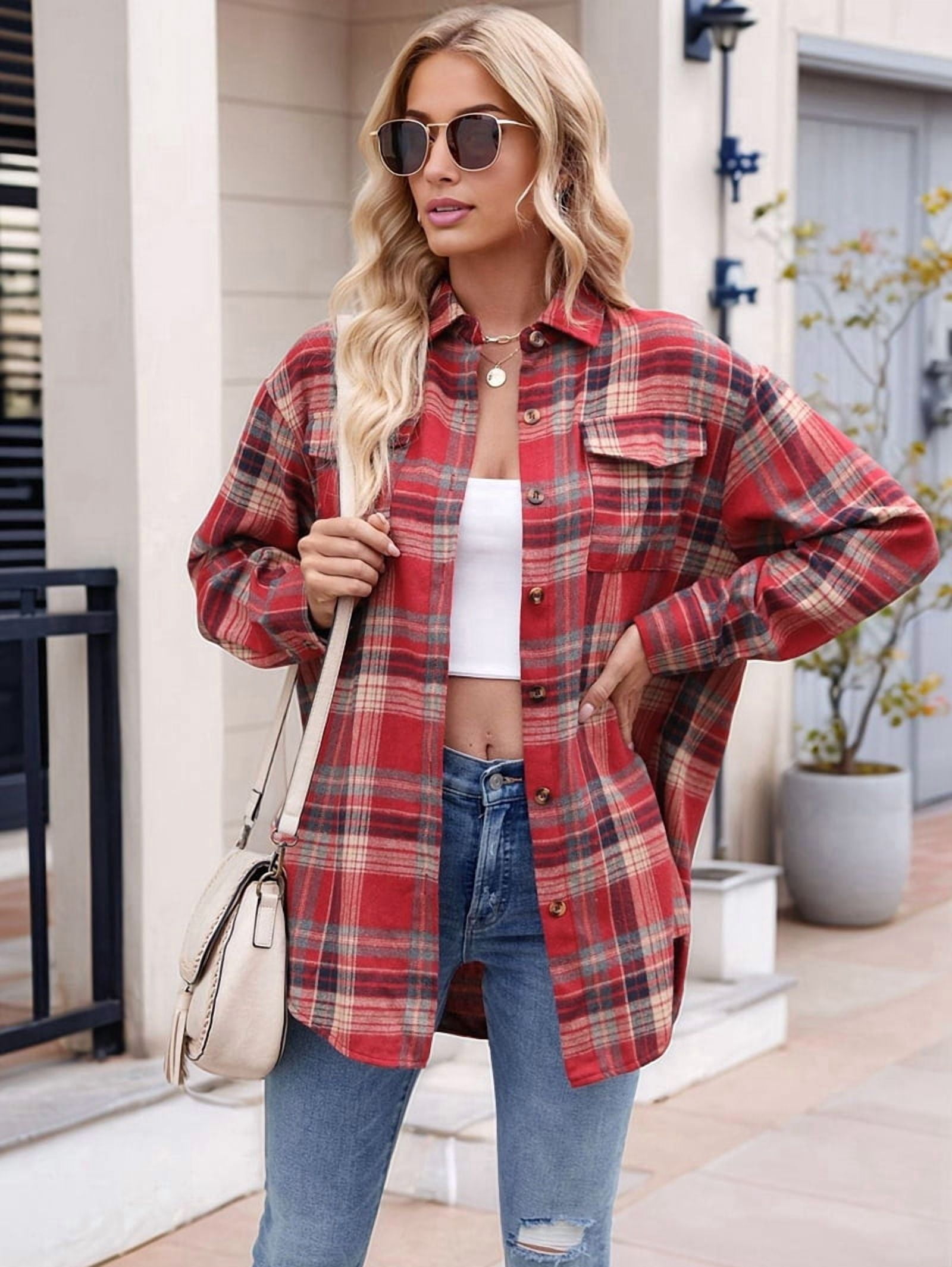JennsThreads Women's Classic Plaid Flannel Shirt in Red and Khaki, view 9