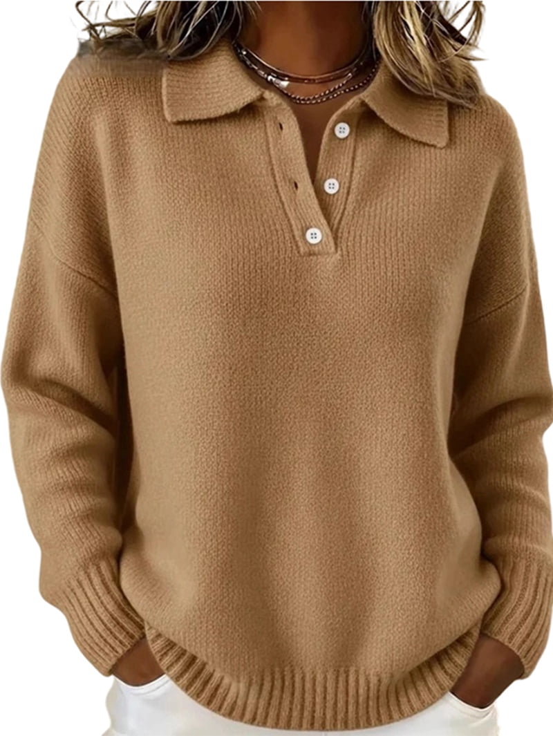 JennsThreads Women's Collared Half Button Henley Sweater in Khaki