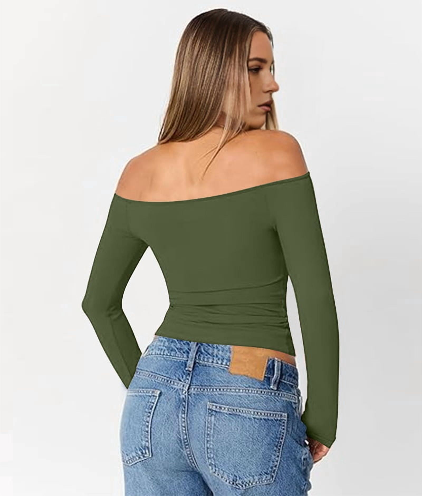 JennsThreads Women's Fitted Off the Shoulder Long Sleeve Top in Army Green, view 8