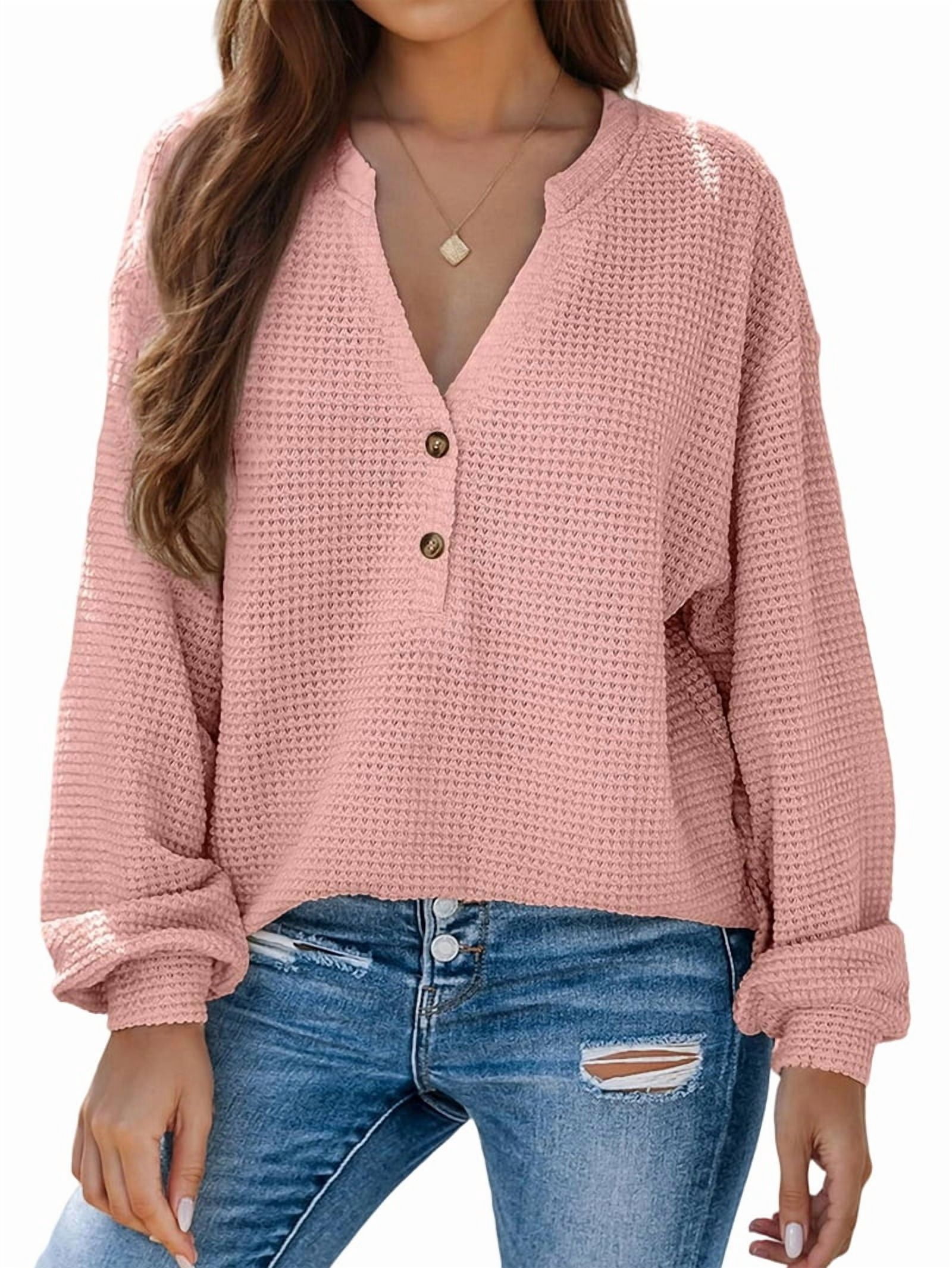 JennsThreads Women's Waffle Knit V Neck Henley Pullover in Pink
