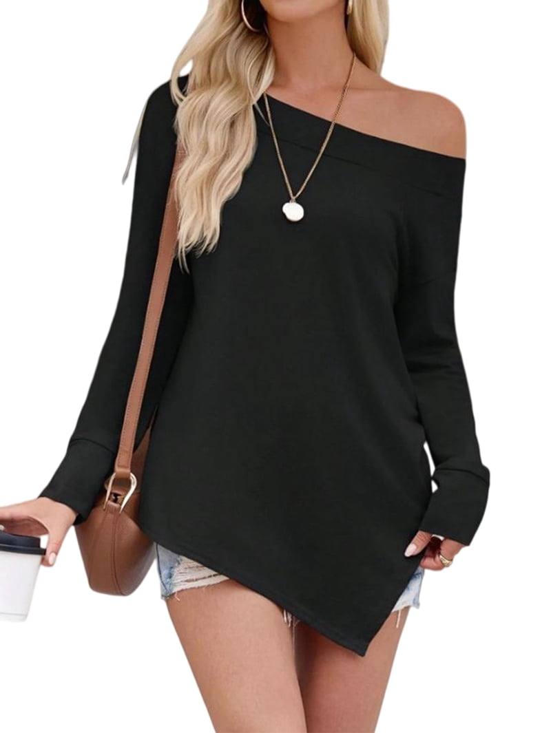 JennsThreads Women's Off the Shoulder Top with Asymmetric Hem in Black, view 2