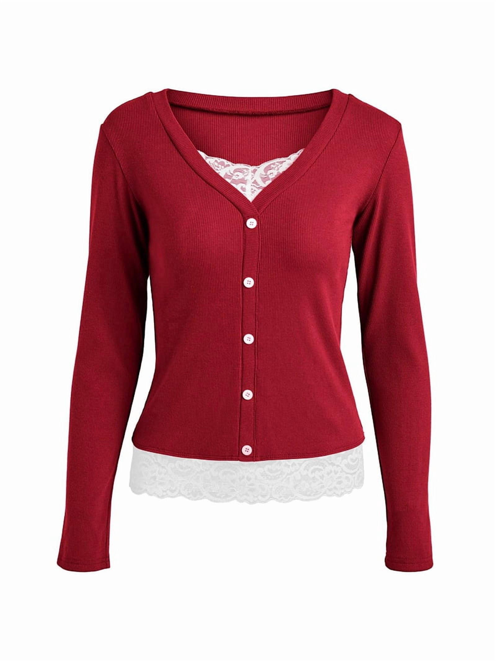 JennsThreads Women's Button Front Henley Top with Lace Trim in Red, view 8