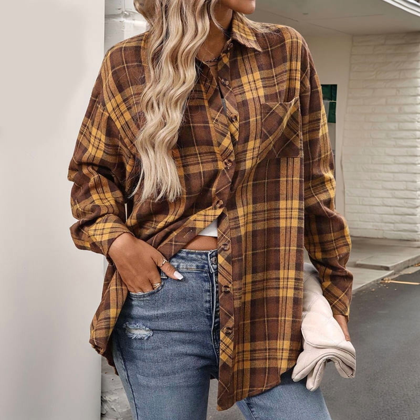JennsThreads Women's Oversized Plaid Flannel Shirt in Mustard, view 3