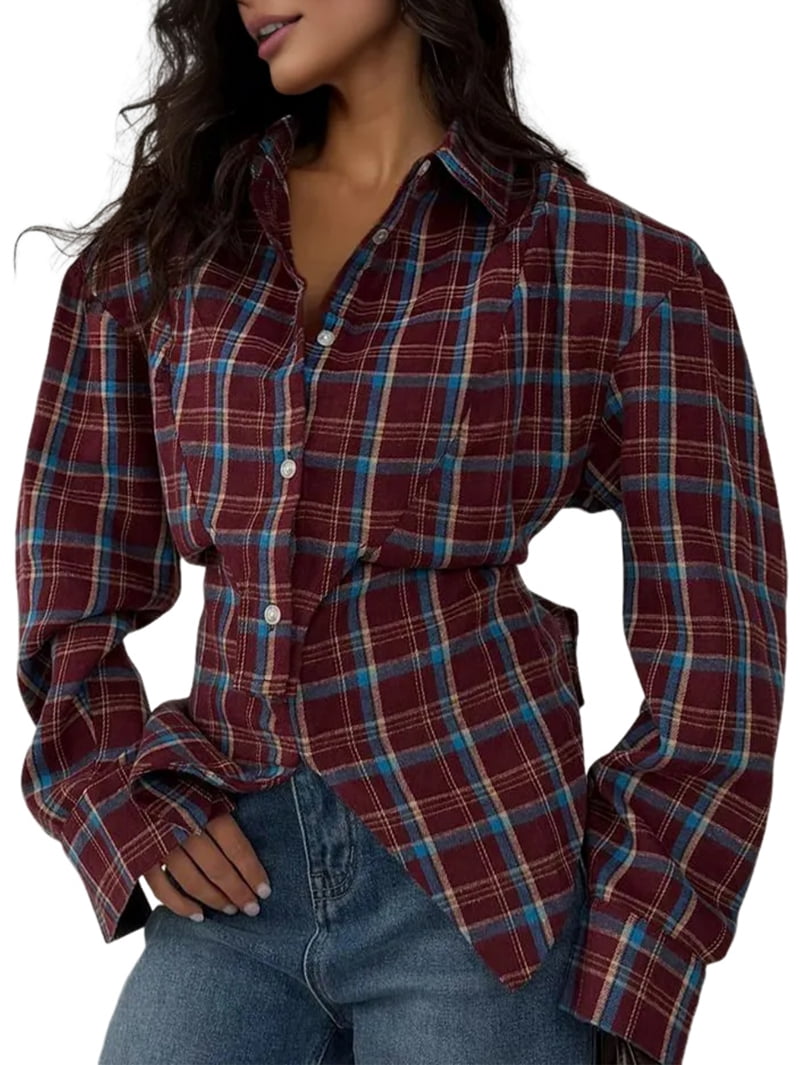 JennsThreads Women's Plaid Shirt with Tie Back Waist in Wine Red, view 2