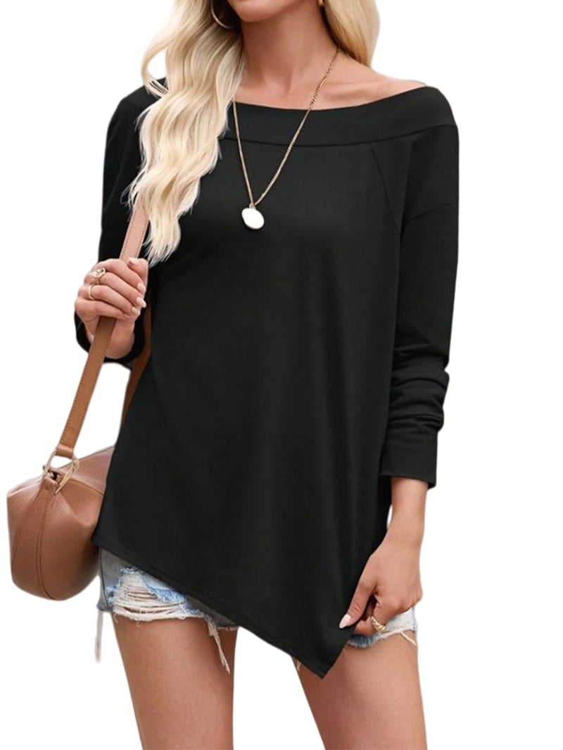 JennsThreads Women's Off the Shoulder Top with Asymmetric Hem in Black