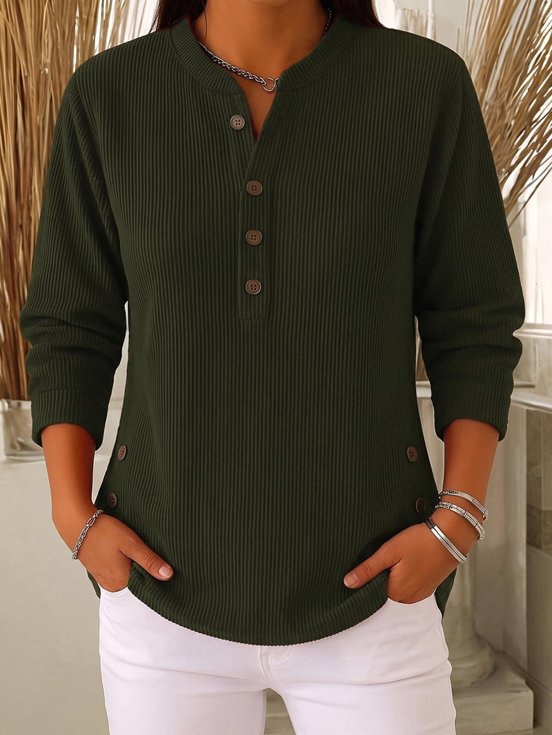 JennsThreads Women's Ribbed Henley Tunic with Side Button Hem in Army Green, view 5