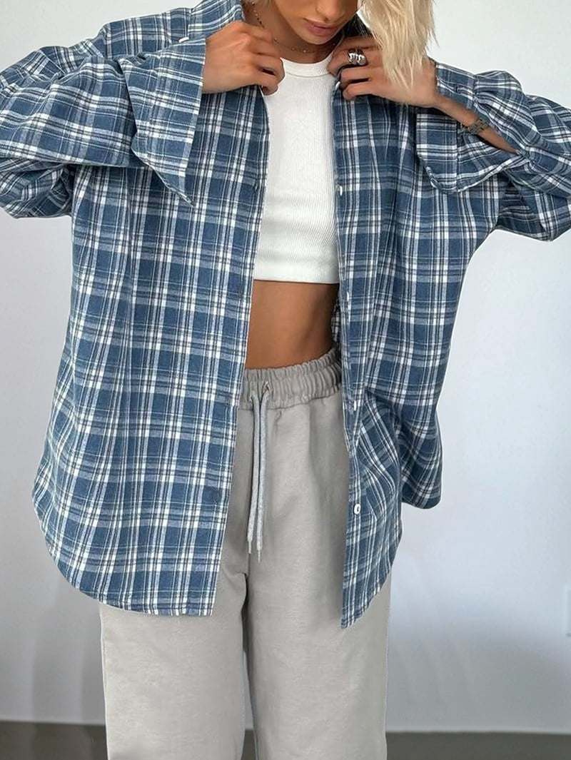 JennsThreads Women's Oversized Plaid Button Down Shirt in Blue, view 4