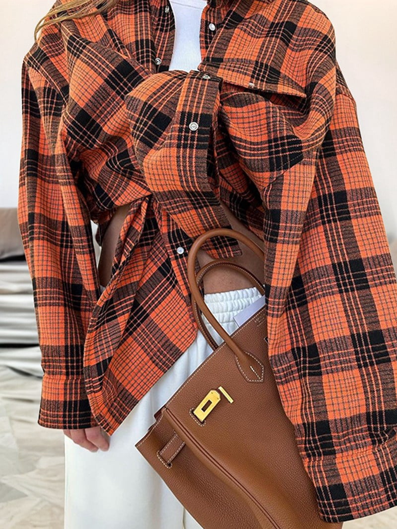 JennsThreads Women's Plaid Shirt with Roll Tab Sleeves in Orange, view 6