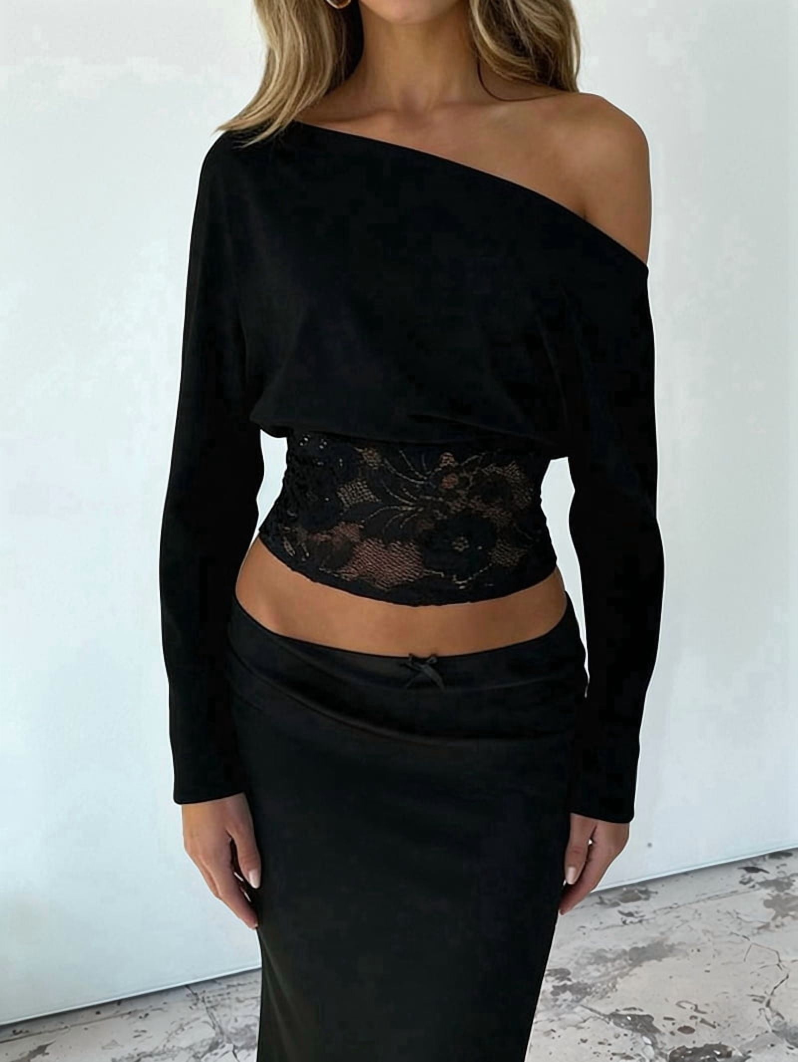 JennsThreads Women's Off the Shoulder Top with Lace Waist Panel in Black, view 2