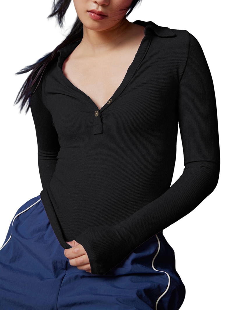 JennsThreads Women's Ribbed Collared V Neck Henley Top in Black, view 3