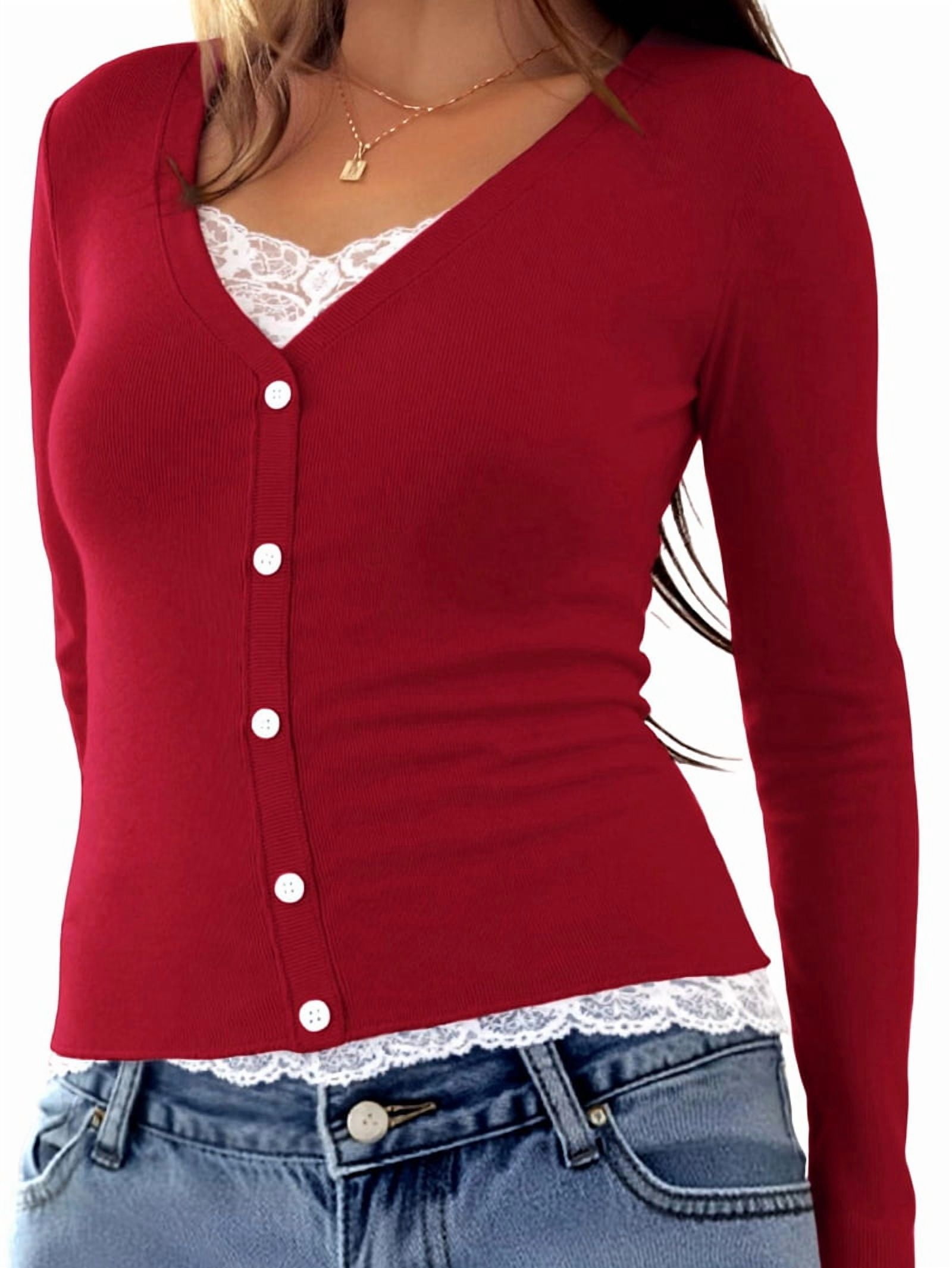JennsThreads Women's Button Front Henley Top with Lace Trim in Red