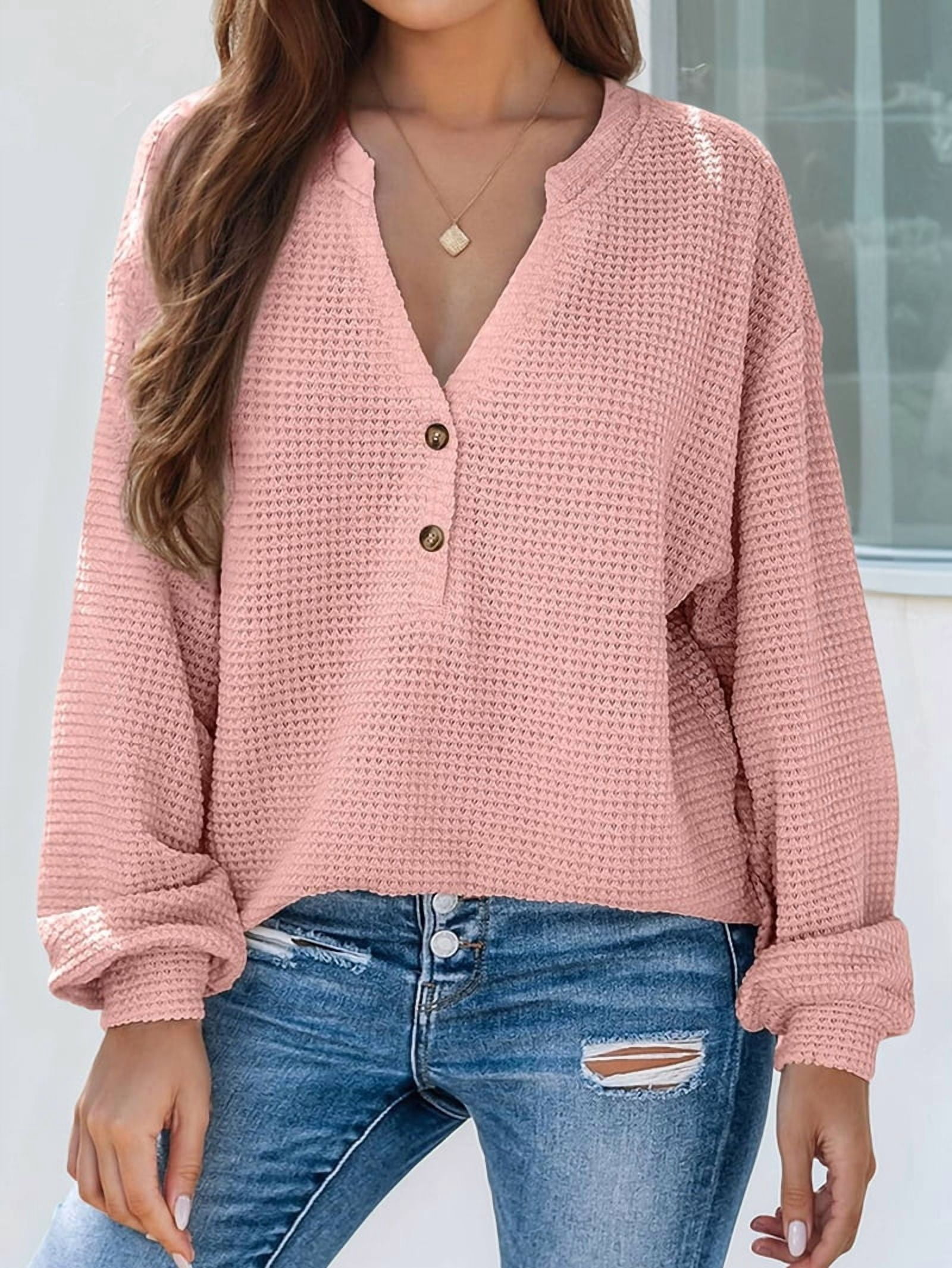 JennsThreads Women's Waffle Knit V Neck Henley Pullover in Pink, view 5