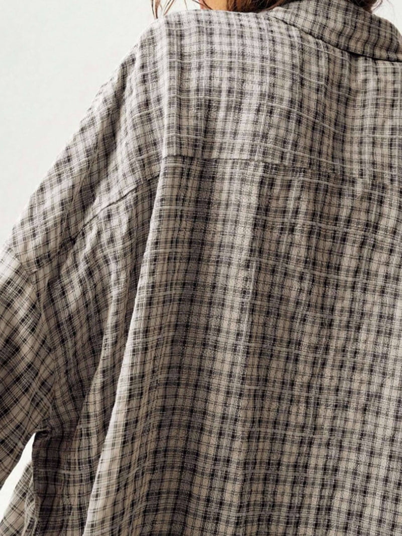 JennsThreads Women's Oversized Plaid Shirt with Lantern Sleeves in Black and Gray, view 9