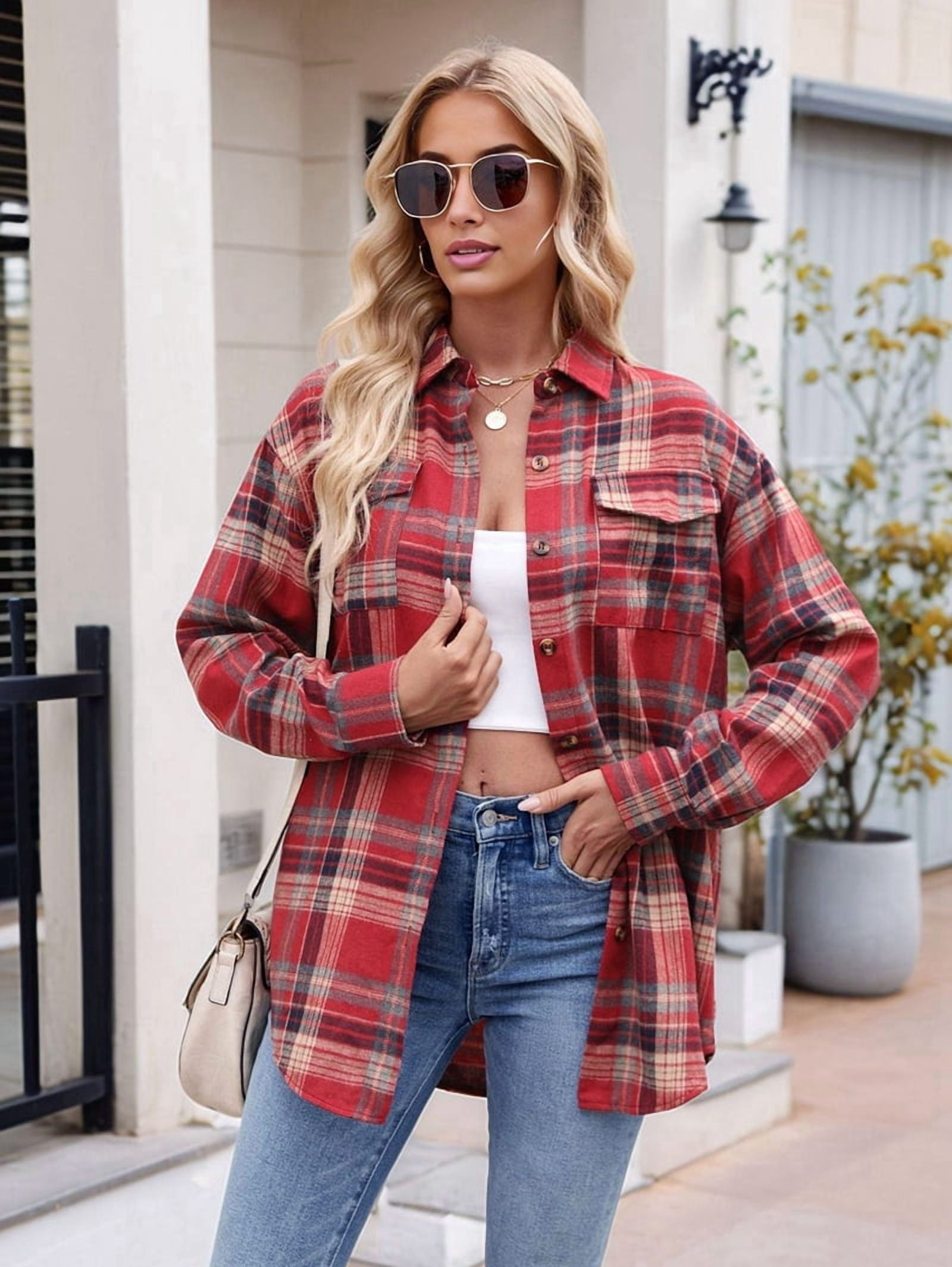 JennsThreads Women's Classic Plaid Flannel Shirt in Red and Khaki, view 8