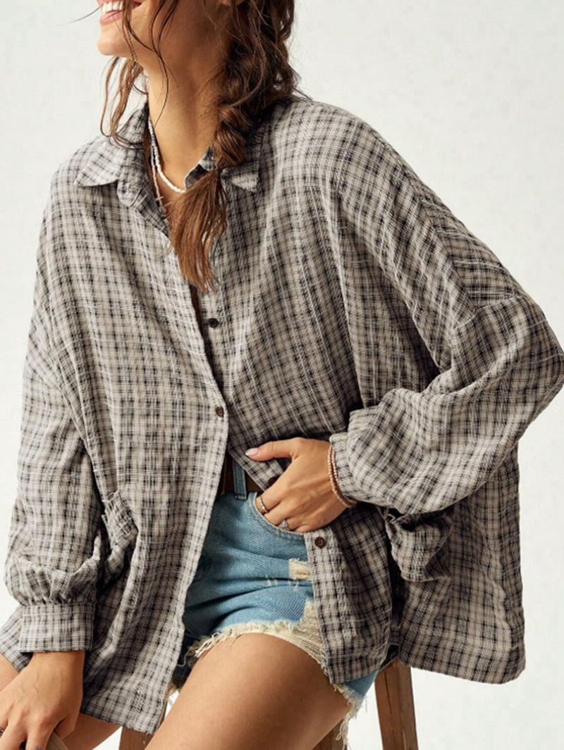 JennsThreads Women's Oversized Plaid Shirt with Lantern Sleeves in Black and Gray, view 7