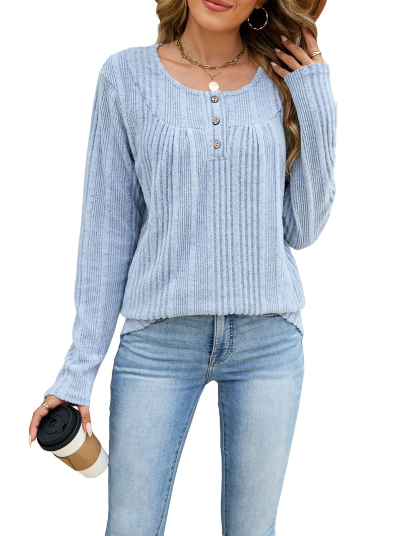 JennsThreads Women's Textured Knit Scoop Neck Henley Top in Light Blue