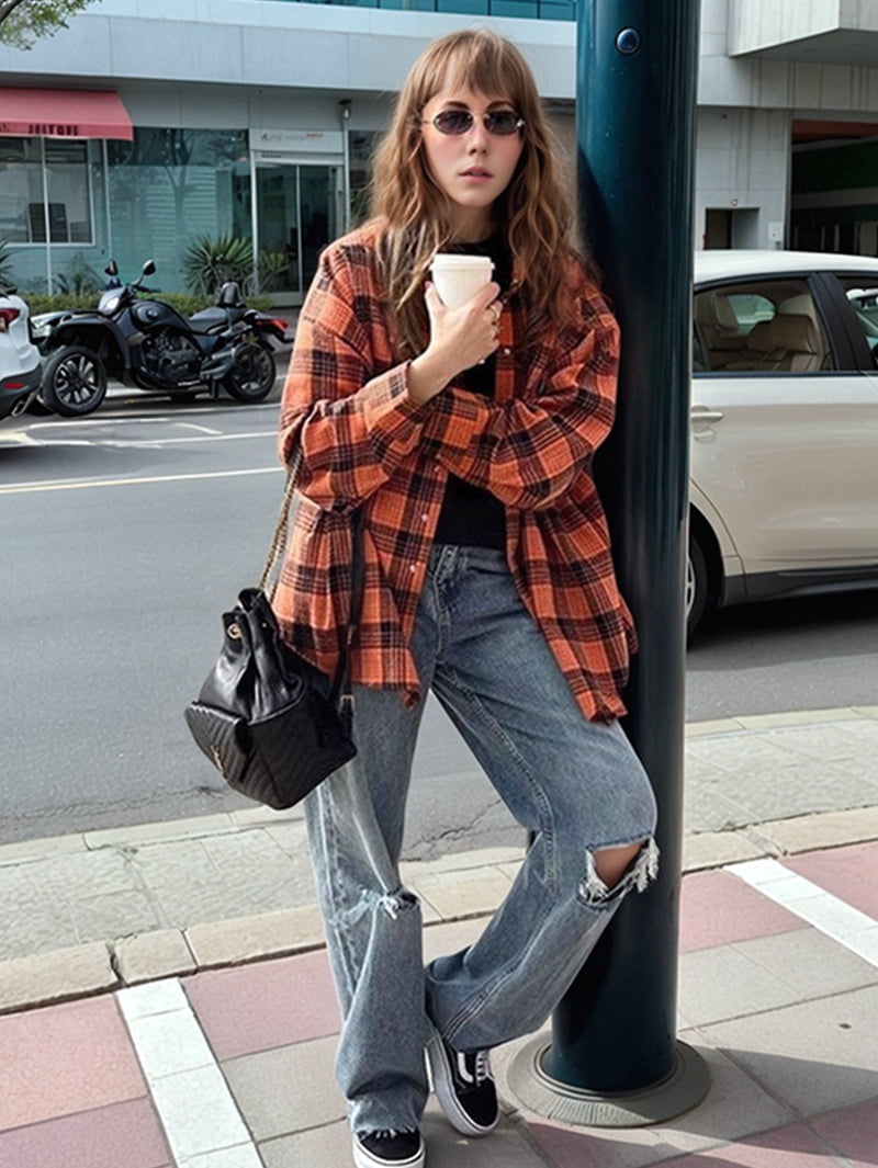 JennsThreads Women's Plaid Shirt with Roll Tab Sleeves in Orange, view 10