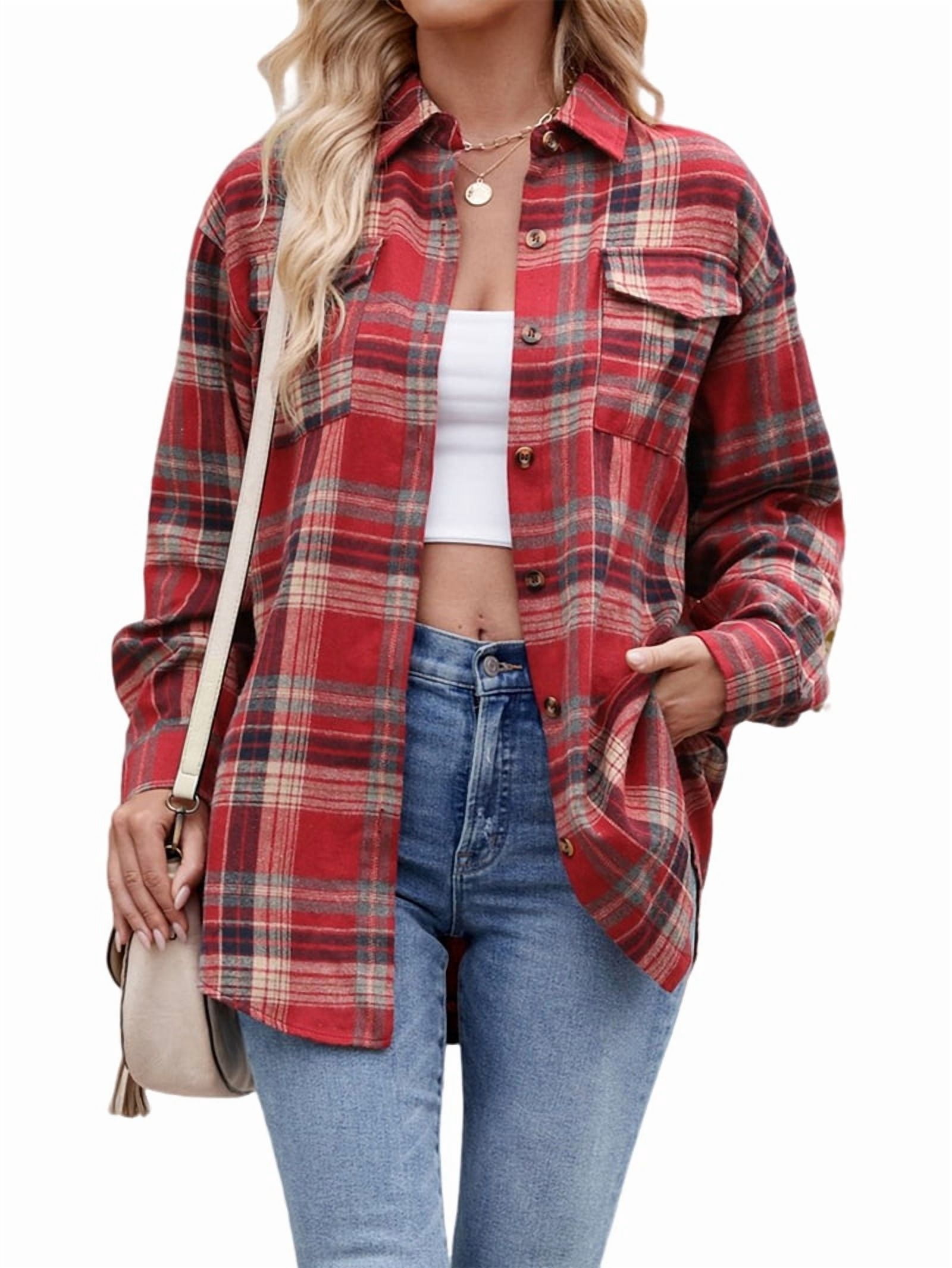 JennsThreads Women's Classic Plaid Flannel Shirt in Red and Khaki