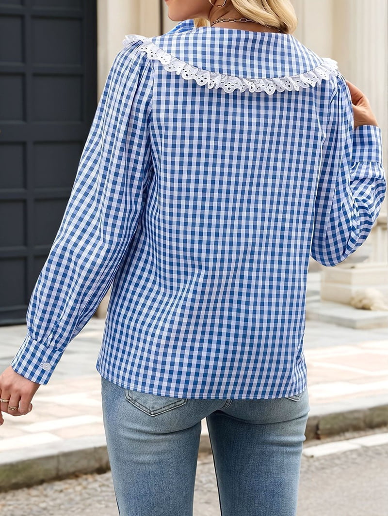 JennsThreads Women's Gingham Shirt with Lace Doll Collar in Blue, view 7