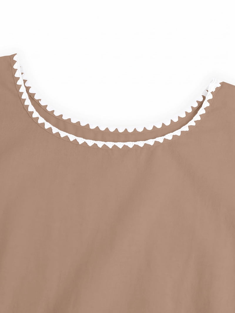 JennsThreads Women's Off the Shoulder Crop Top with Zigzag Trim in Khaki, view 5