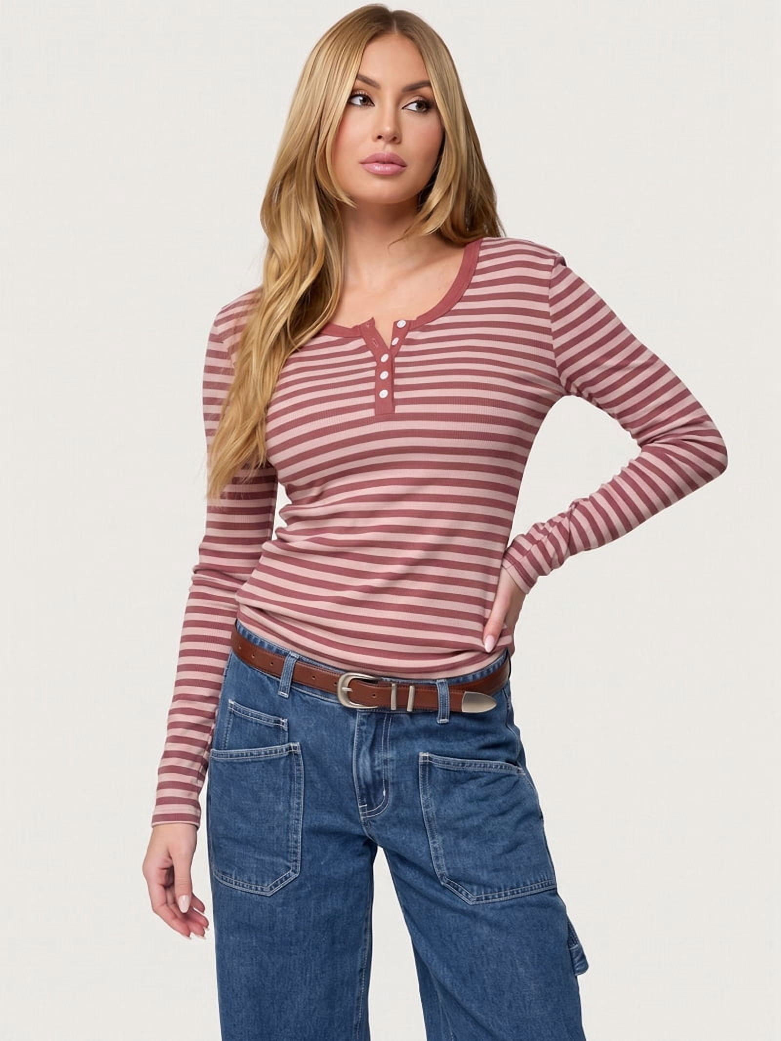 JennsThreads Women's Striped Fitted Henley Top in Wine Red, view 5