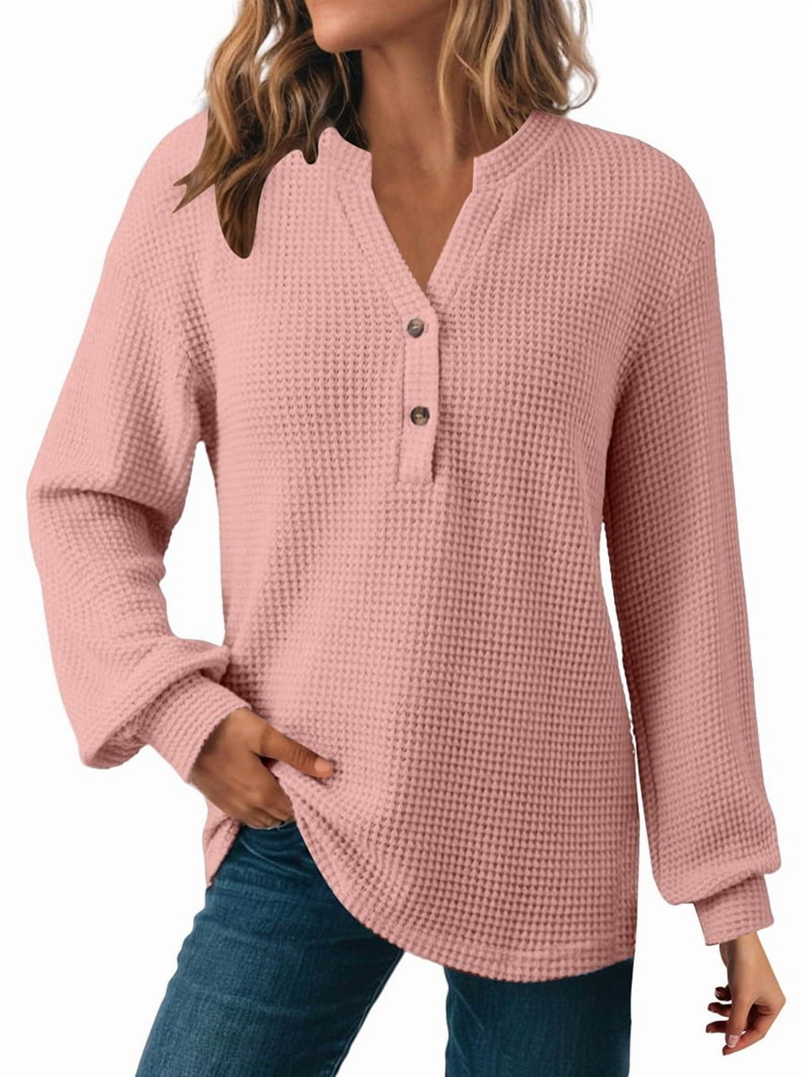 JennsThreads Women's Waffle Knit V Neck Henley Pullover in Pink, view 3
