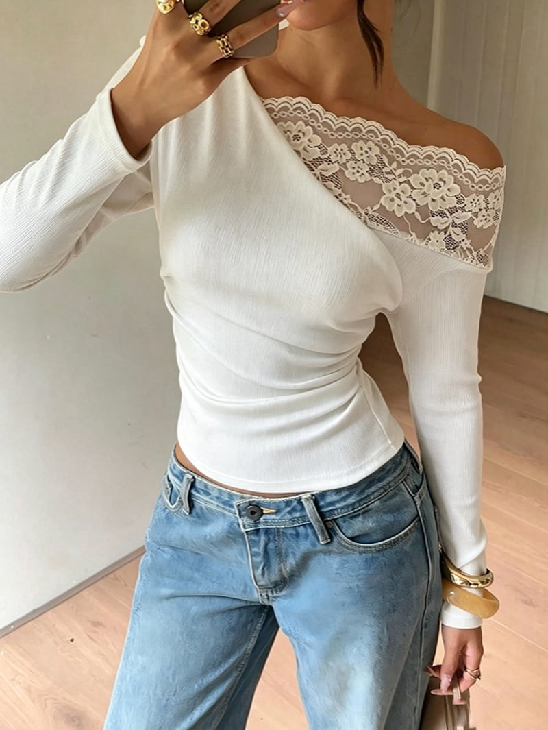 JennsThreads Women's Asymmetric Off the Shoulder Top with Lace Panel in White, view 5