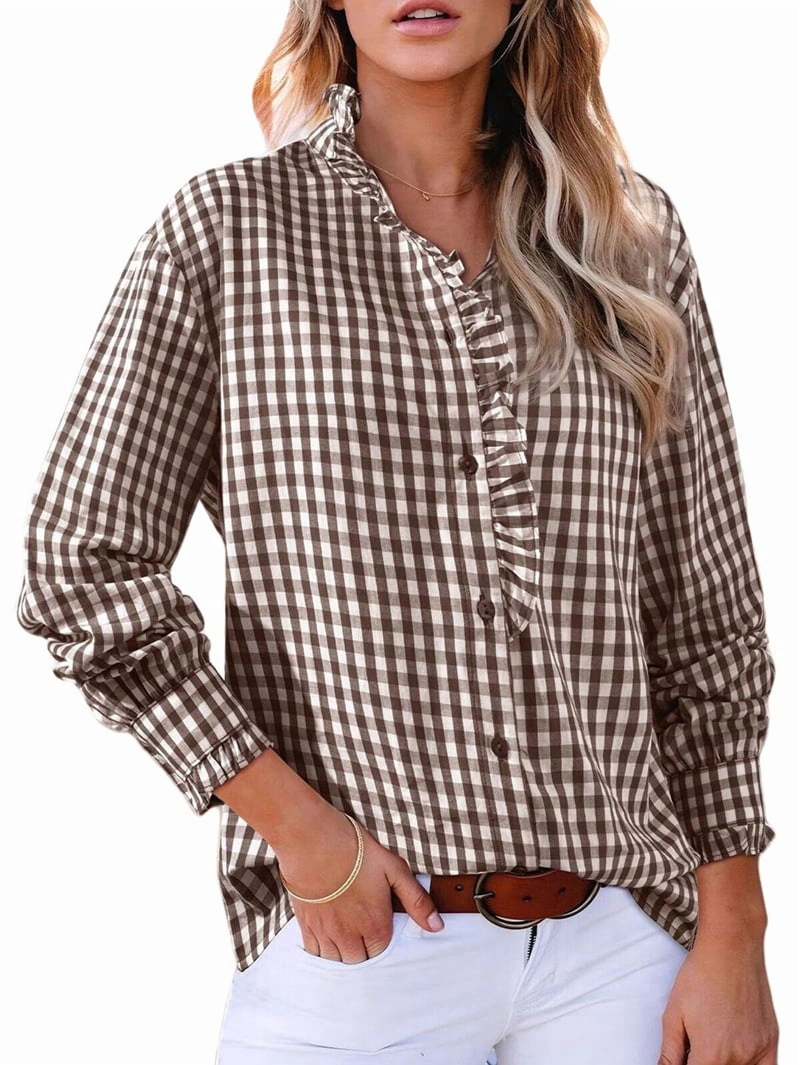 JennsThreads Women's Gingham Ruffle V Neck Button Down Shirt in Brown, view 2