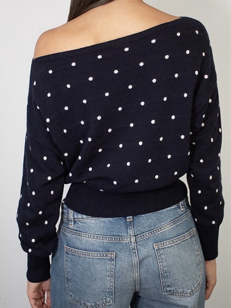 JennsThreads Women's Polka Dot Off the Shoulder Knit Pullover in Navy, view 5