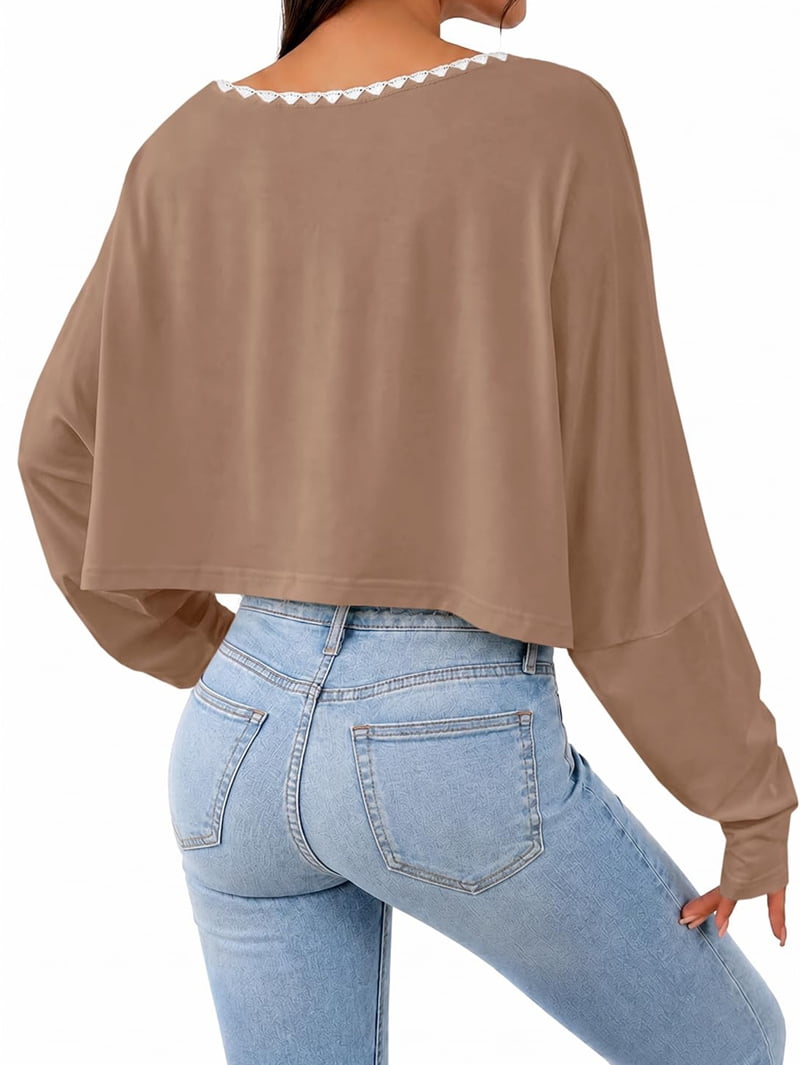 JennsThreads Women's Off the Shoulder Crop Top with Zigzag Trim in Khaki, view 4