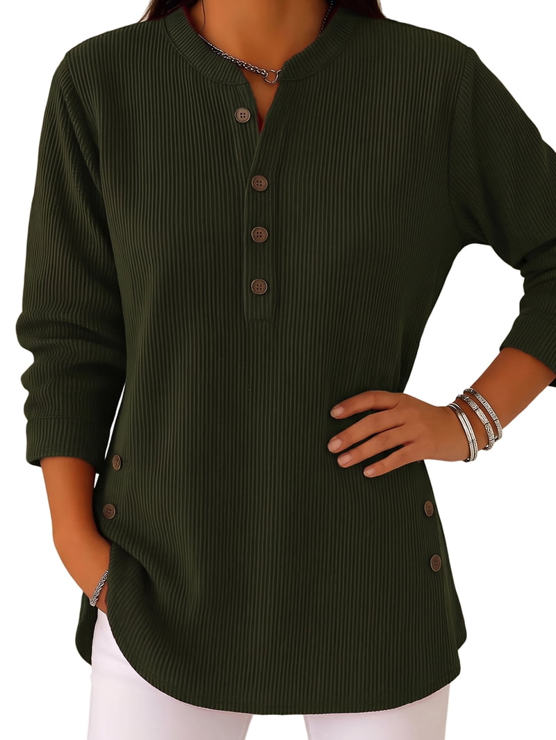 JennsThreads Women's Ribbed Henley Tunic with Side Button Hem in Army Green, view 2