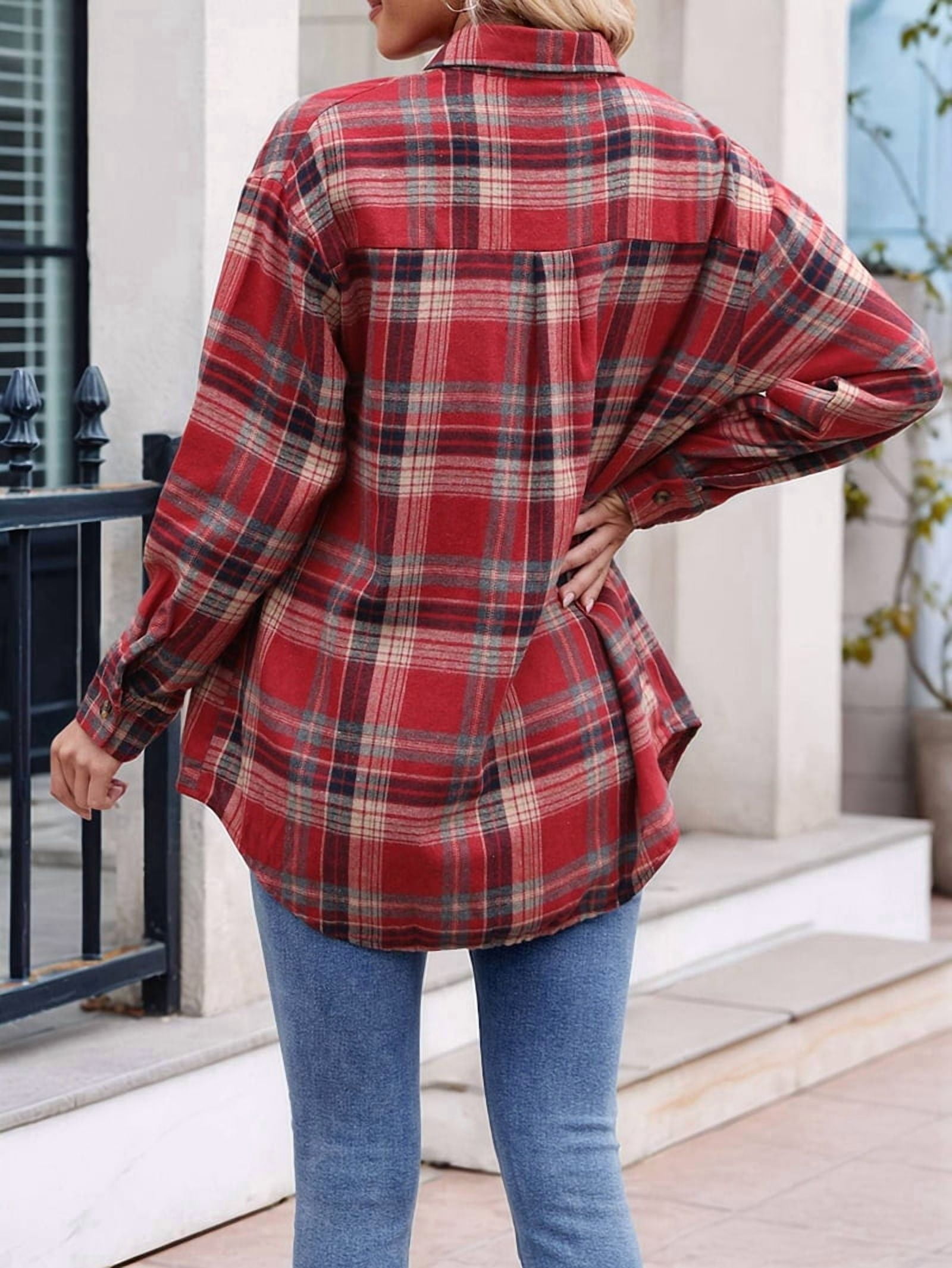 JennsThreads Women's Classic Plaid Flannel Shirt in Red and Khaki, view 4