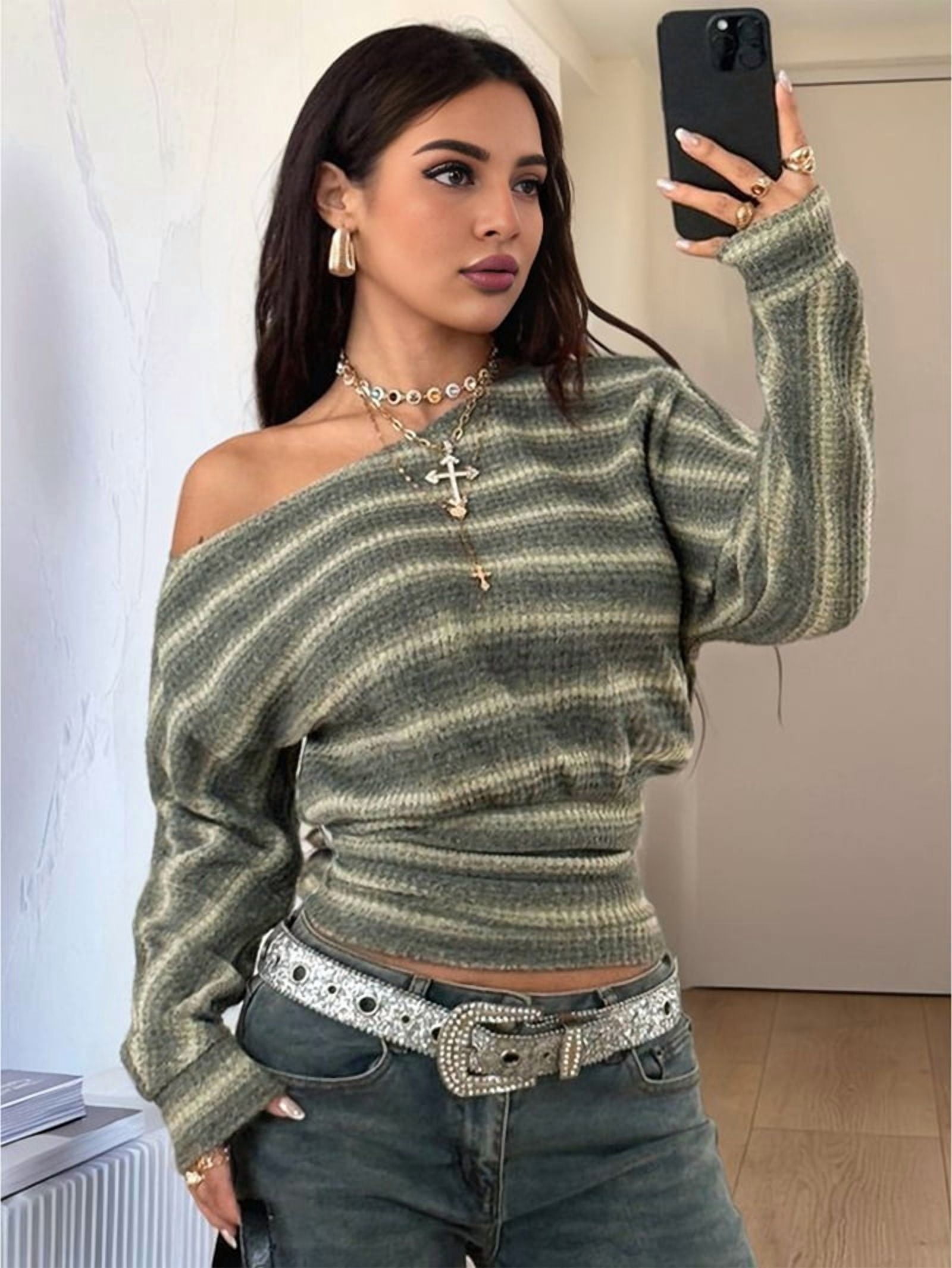 JennsThreads Women's Diagonal Off the Shoulder Striped Knit Top in Green, view 4