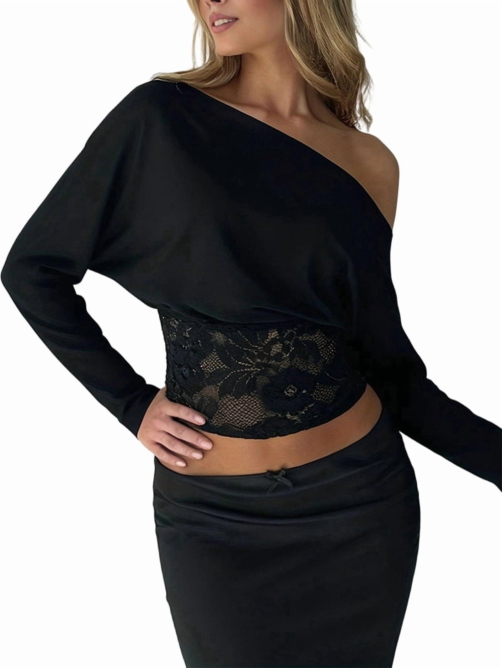 JennsThreads Women's Off the Shoulder Top with Lace Waist Panel in Black