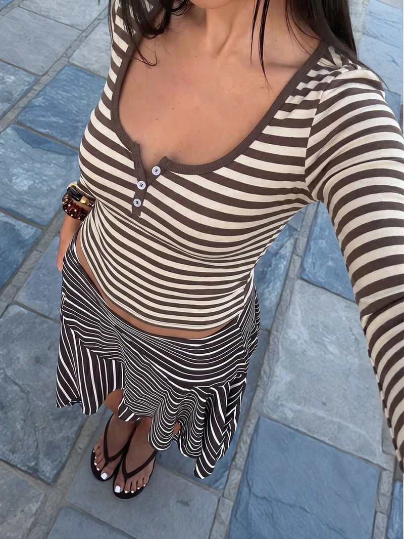 JennsThreads Women's Striped Scoop Neck Cropped Henley Top in Brown, view 8