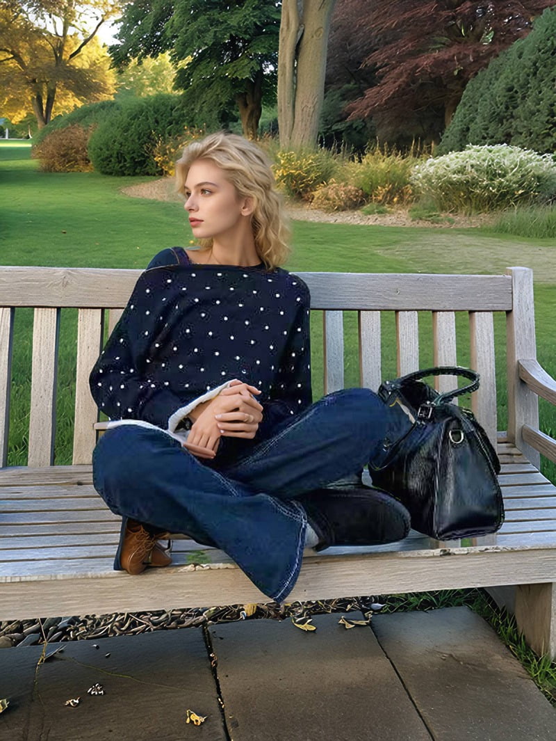 JennsThreads Women's Polka Dot Off the Shoulder Knit Pullover in Navy, view 8