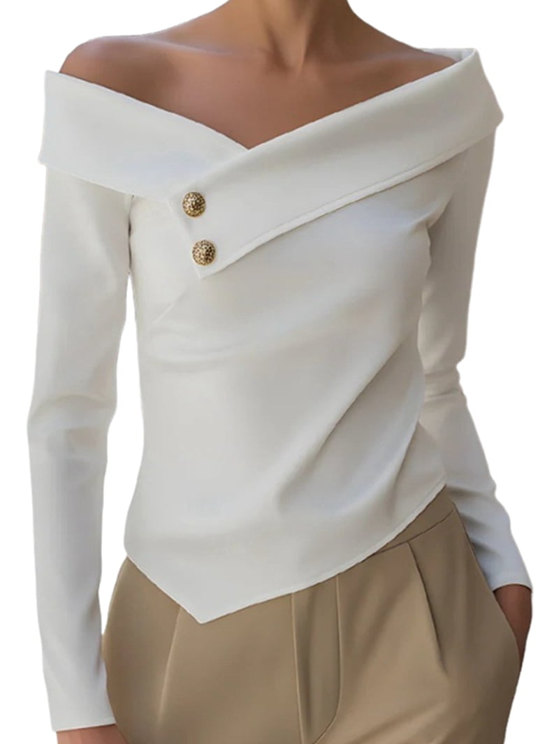 JennsThreads Women's Fold Over V Neck Off the Shoulder Top in White, view 2