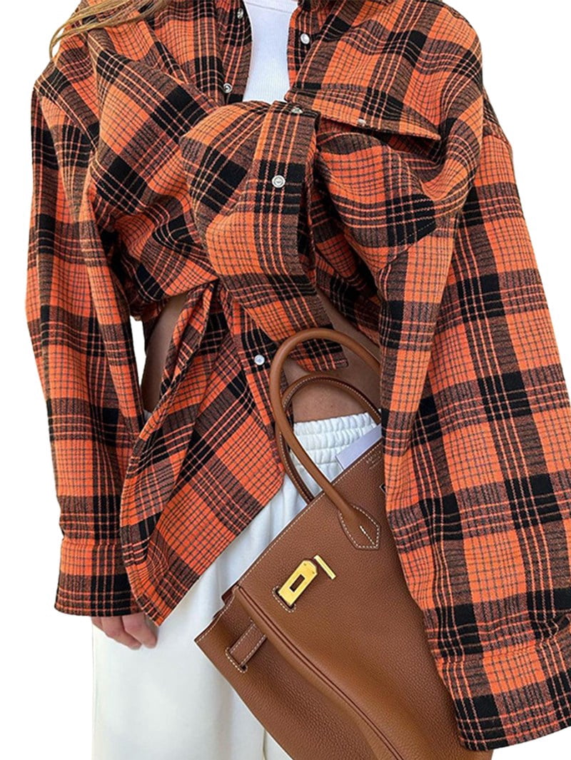 JennsThreads Women's Plaid Shirt with Roll Tab Sleeves in Orange, view 3