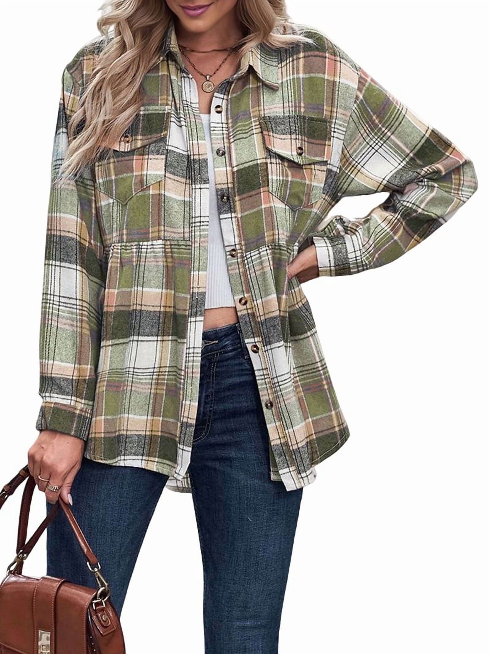 JennsThreads Women's Plaid Button Down Shirt with Peplum Back in Green, view 2