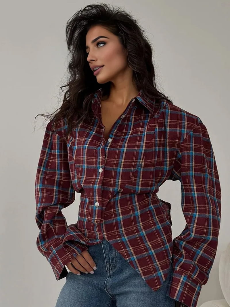 JennsThreads Women's Plaid Shirt with Tie Back Waist in Wine Red, view 5