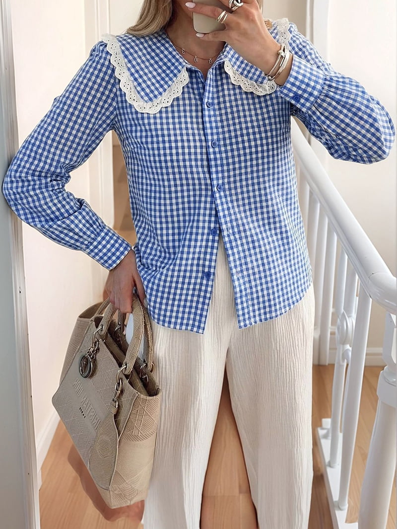 JennsThreads Women's Gingham Shirt with Lace Doll Collar in Blue, view 6