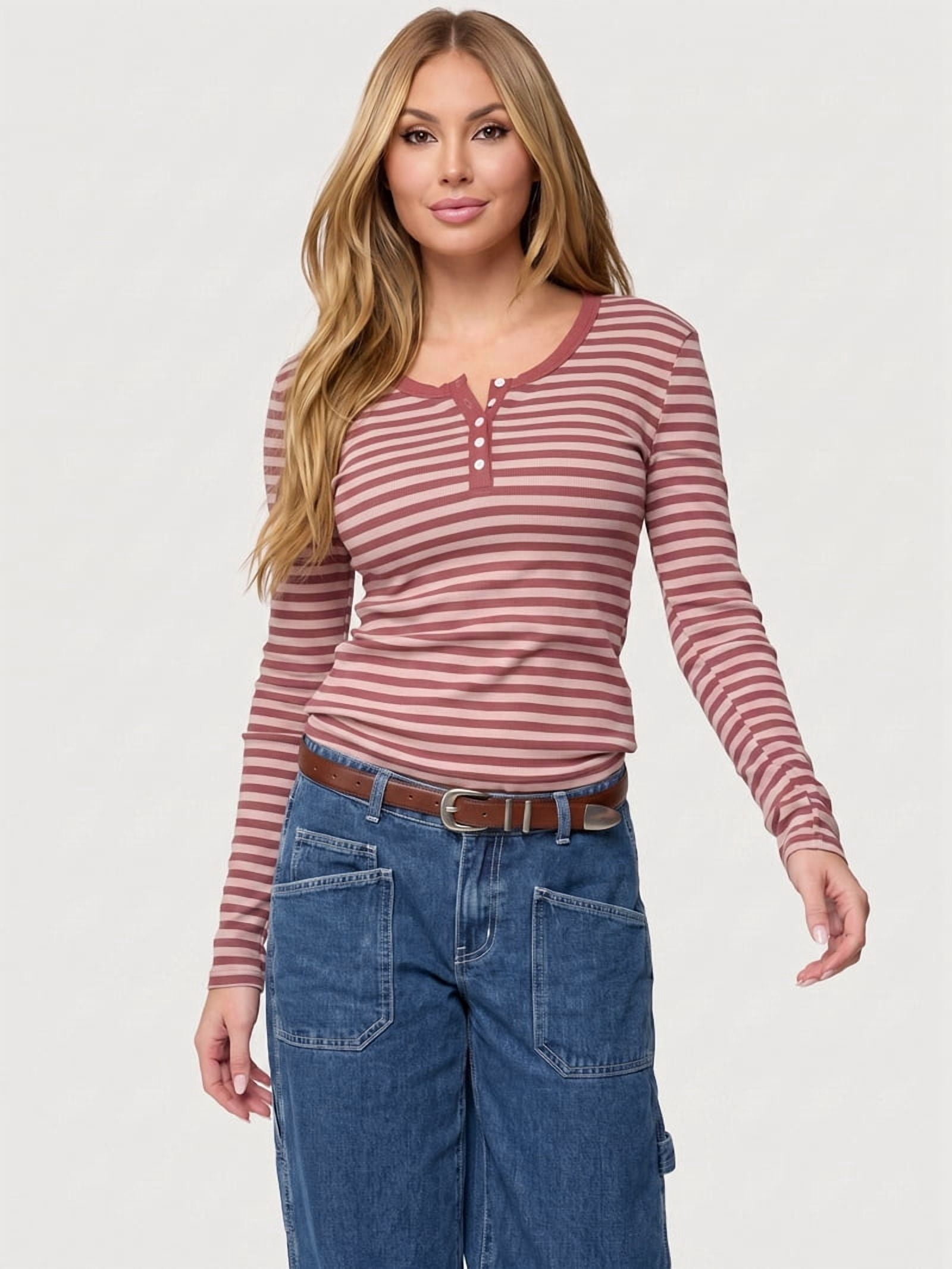 JennsThreads Women's Striped Fitted Henley Top in Wine Red, view 4