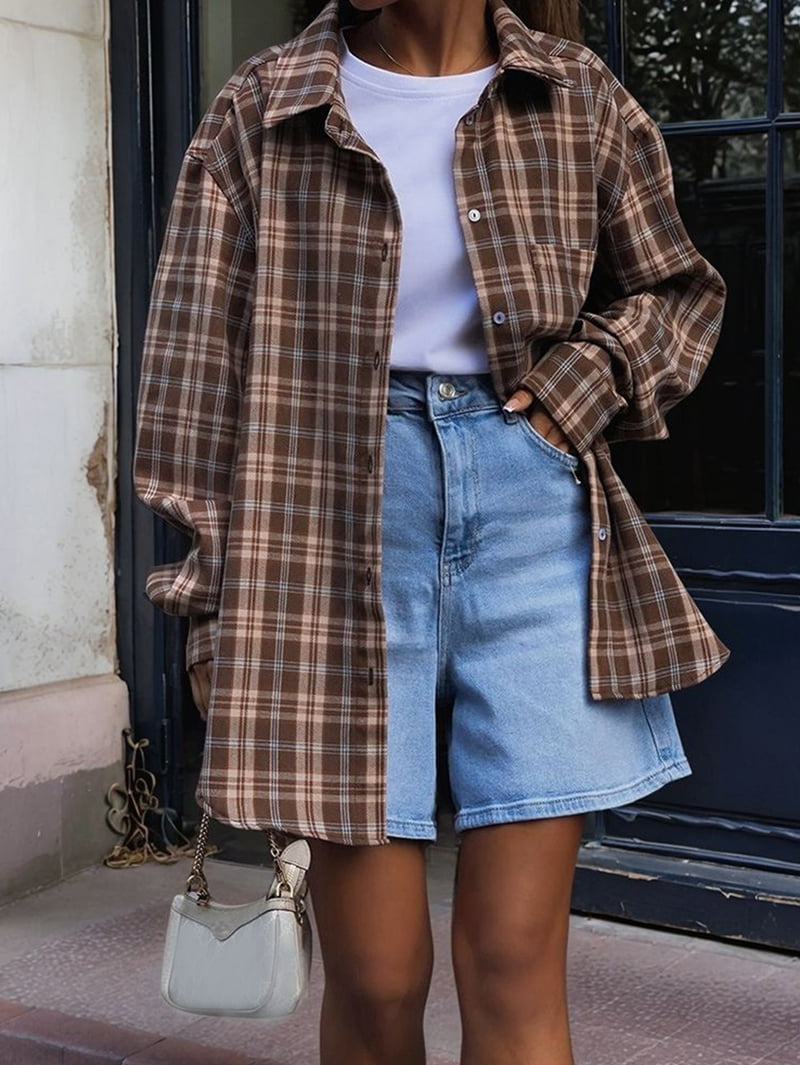 JennsThreads Women's Lapel Collar Plaid Shirt with Chest Pocket in Khaki, view 8