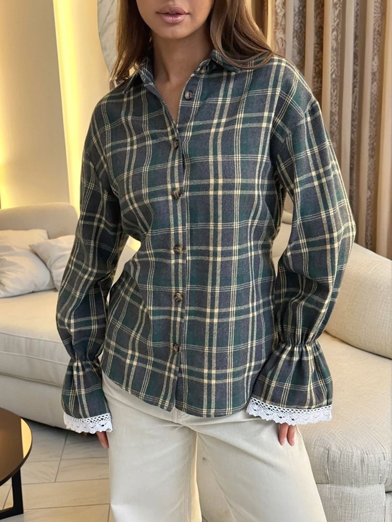 JennsThreads Women's Plaid Shirt with Lace Flared Cuffs in Olive Green, view 5