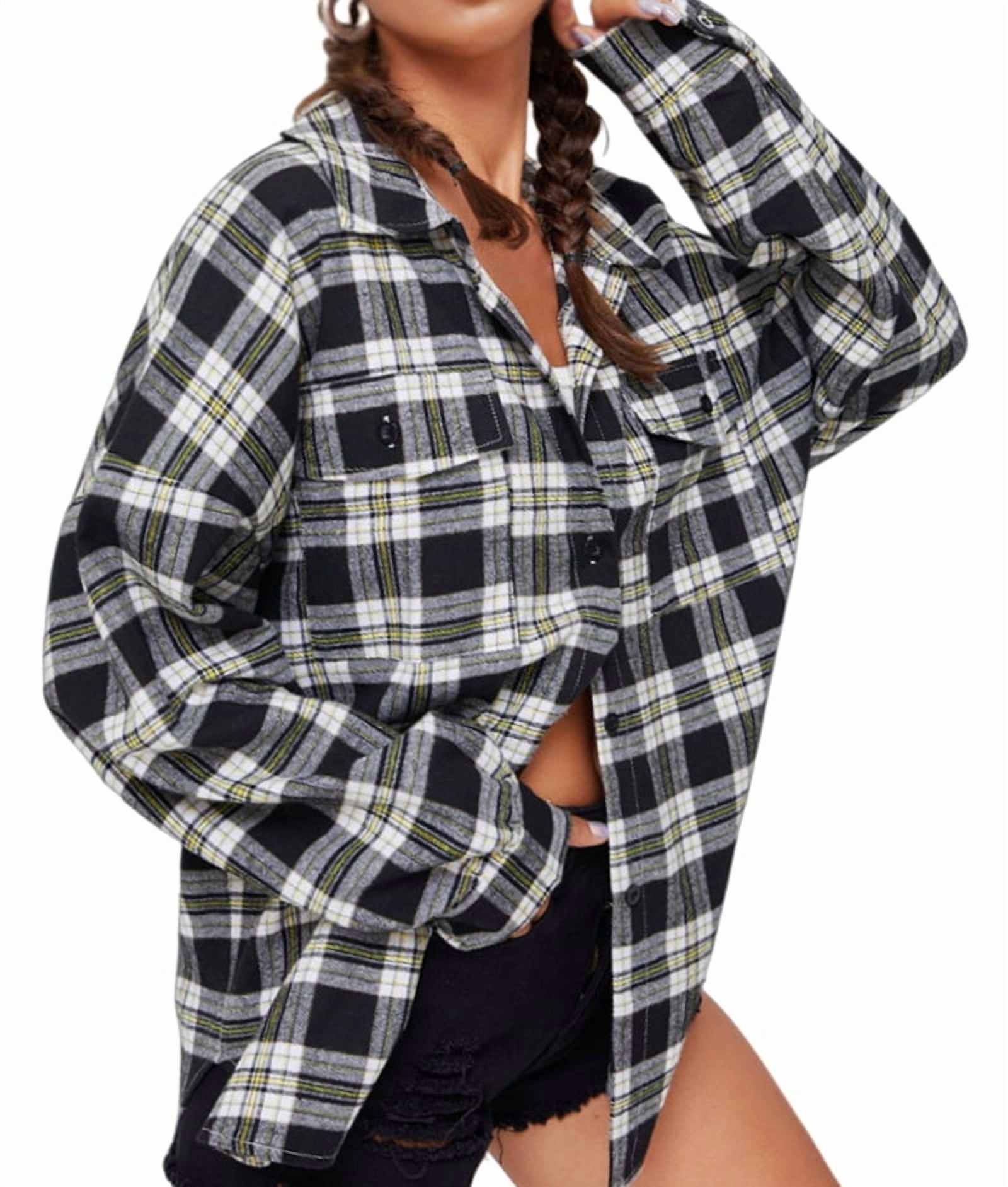 JennsThreads Women's Oversized Plaid Flannel Shirt in Gray