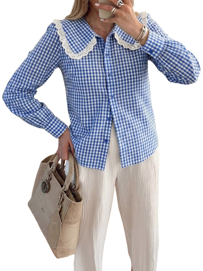 JennsThreads Women's Gingham Shirt with Lace Doll Collar in Blue, view 2
