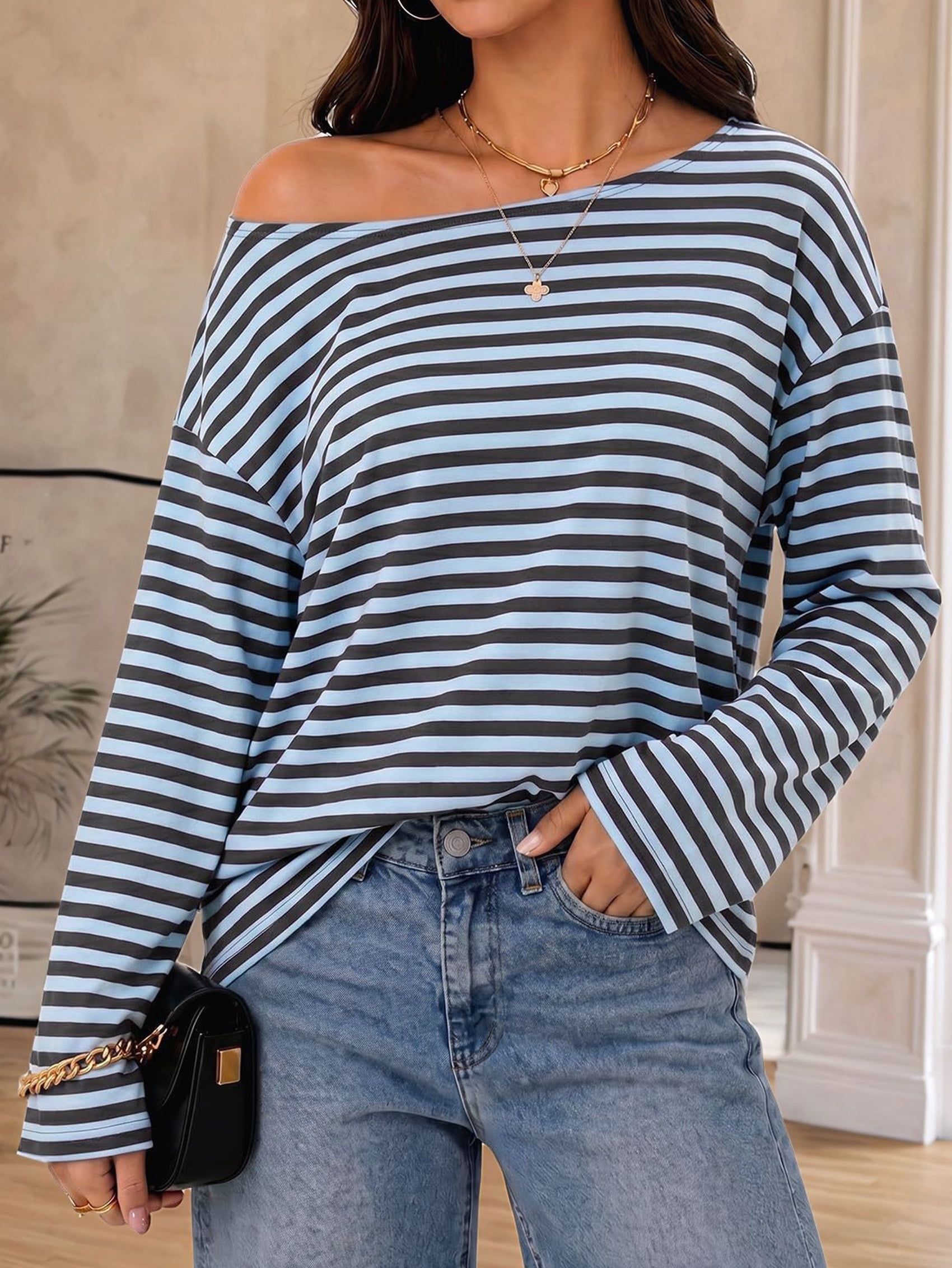 JennsThreads Women's Striped Off the Shoulder Long Sleeve Top in Blue, view 4