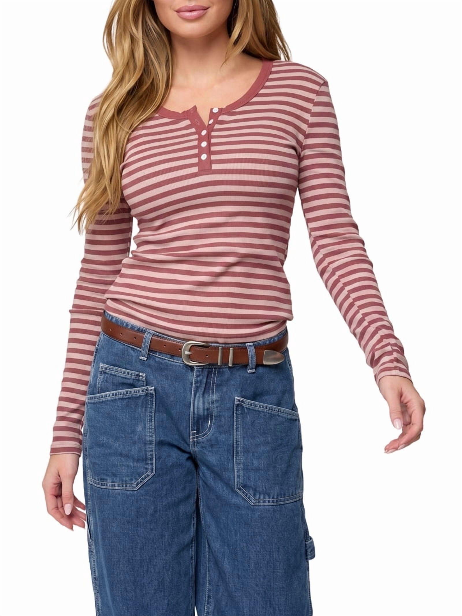 JennsThreads Women's Striped Fitted Henley Top in Wine Red