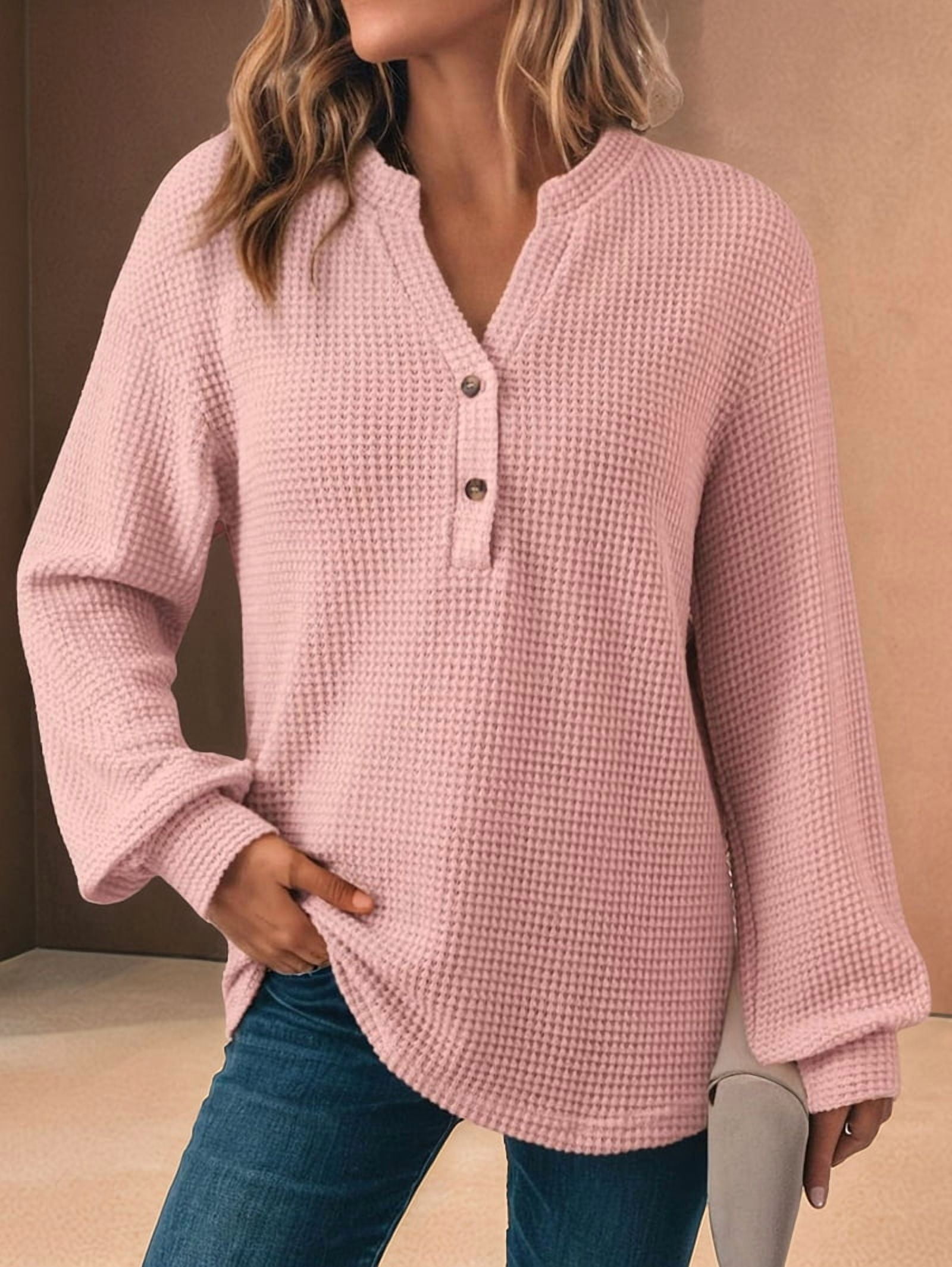 JennsThreads Women's Waffle Knit V Neck Henley Pullover in Pink, view 8