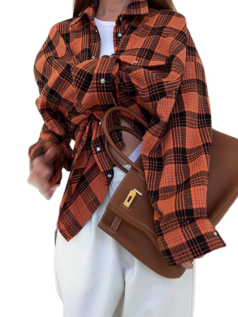 JennsThreads Women's Plaid Shirt with Roll Tab Sleeves in Orange, view 2
